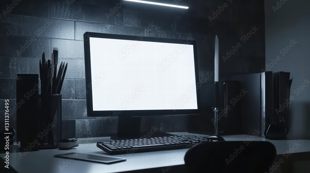 Aufkleber minimalist workspace with blank computer screen: a modern, minimalist workspace featuring a blank co
