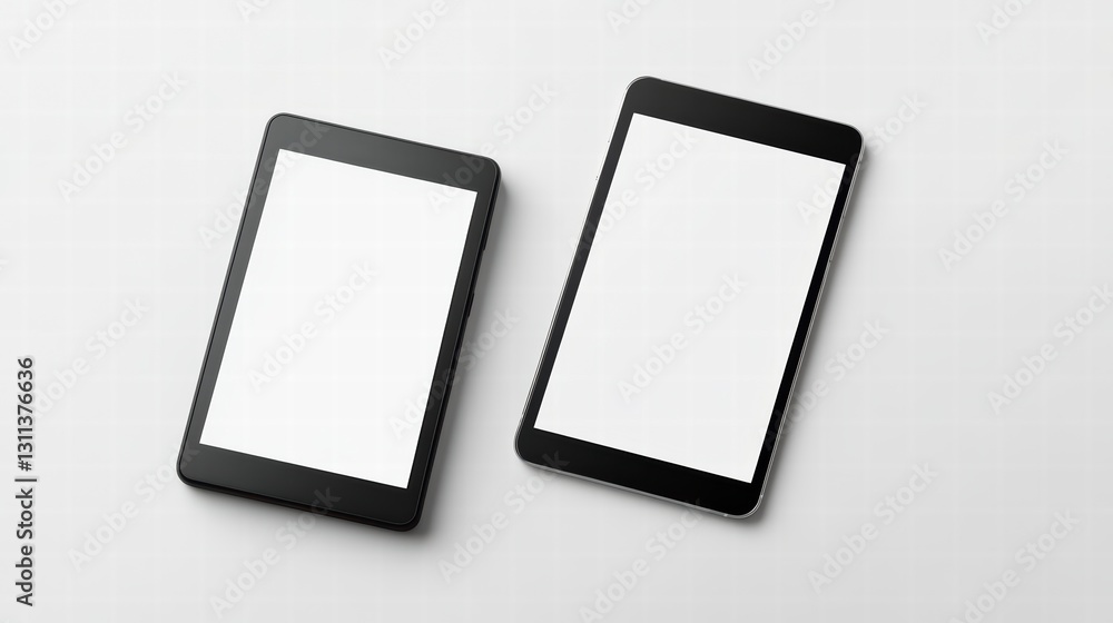 Poster modern technology: two sleek black tablets with blank screens lie side-by-side on a minimalist surfa
