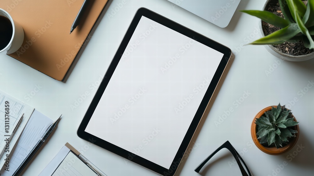 Aufkleber digital workspace: an overhead view showcases a modern desk setup, centered around a blank tablet sc