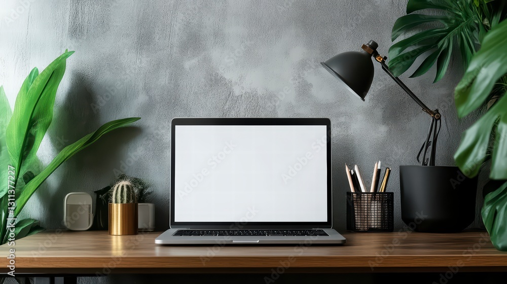 Poster workspace oasis: a modern workspace setup features a laptop with a blank screen on a wooden desk, su