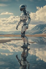 Naklejka premium Futuristic Robot Walking on Water in a Dramatic Landscape Scene