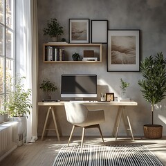 Light gray wallpaper with a white wood texture, a modern home office room with a desk and computer monitor on a wall shelf, picture frames on shelves above the desktop,