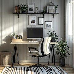 Light gray wallpaper with a white wood texture, a modern home office room with a desk and computer monitor on a wall shelf, picture frames on shelves above the desktop,