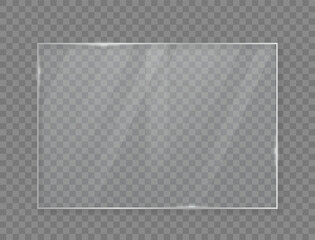 Glass acrylic window frame. Rectangle template with transporent realistic texture. 3D geometric banner template with bright borders and shadows. Vector illustration.