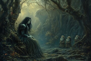 Obraz premium Enchanted Forest Scene with Mysterious Woman and Dwarfs