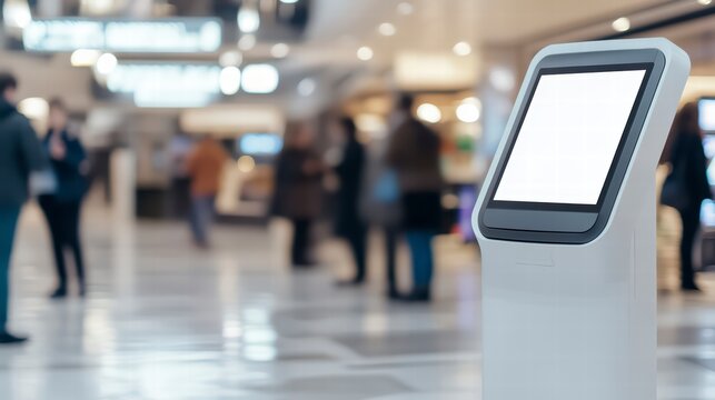 Modern Informational Kiosk: A sleek, contemporary informational kiosk with a blank screen stands prominently in a bustling public space, offering information and services to passersby.