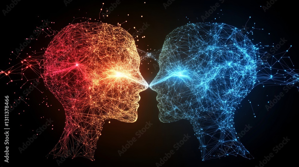 Poster human connection through digital network of light and energy waves