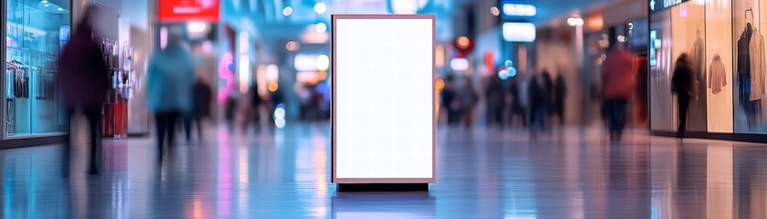 Blank Display in Public Space: A bright blank display stands prominently in a public space, surrounded by a blurred background of people walking, suggesting a dynamic urban environment.