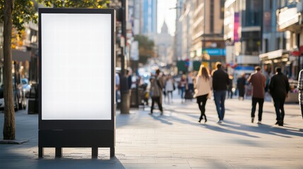 Blank Canvas: A digital billboard stands prominently on a bustling city street, awaiting a vibrant message amidst blurred pedestrians and urban architecture.