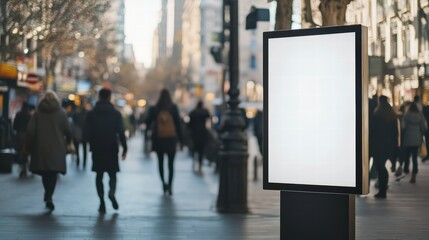 Billboard Blank Canvas: A vibrant city scene with a blank billboard in the foreground, offering a prime spot for advertisement or announcements, capturing the bustling energy of urban life. 