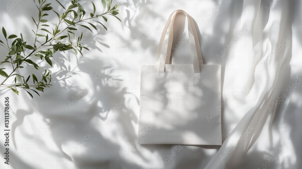 Poster canvas tote in sunlight: a minimalist composition showcasing an empty canvas tote bag on draped fabr