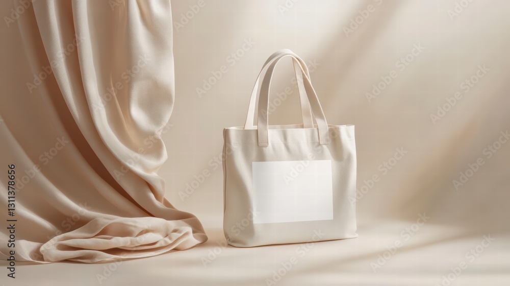 Poster eco-chic canvas tote: a simple canvas tote bag is displayed in a soft setting, with delicate drapery