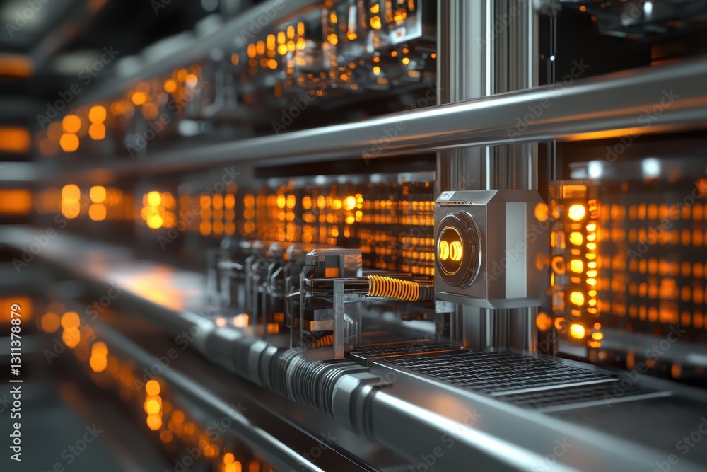 Poster futuristic server rack with glowing components, intricate design. illustrates advanced technology, d