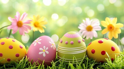 Colorful Easter eggs on green grass with a spring flower background. Happy Easter day concept. Banner, copy space for text, stock photo contest winner, Easter theme, pastel colors, Easter egg hunt,