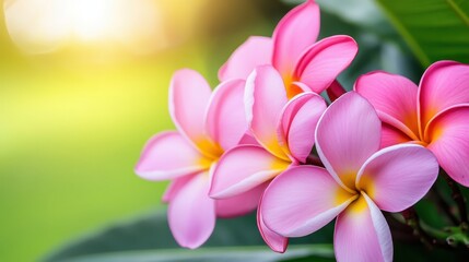 Fototapeta premium Close-up portrait of colorful frangipani flowers in full bloom, delicate petals glowing under soft sunlight in a lush garden. 