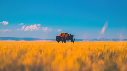 Fototapeta premium Wild bison grazing in golden prairie landscape under blue sky