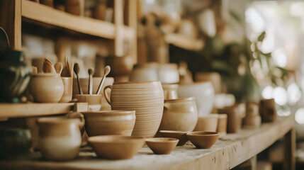 A warm, rustic pottery workshop filled with handcrafted ceramic bowls, jugs, and tools. The earthy tones and soft natural lighting create a cozy, artisanal atmosphere, highlighting the beauty of tradi