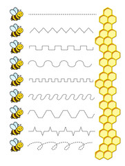 Cartoon bee and dashed line of varying patterns, such as zigzags, curves, and waves,  tracing or learning activity