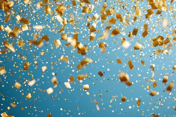 Shimmering particles and golden confetti fall on a blue background.