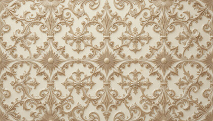 Luxurious Baroque Ornament: Elegant Embossed Floral Patterns in Gold on a Soft Beige Background for a Timeless and Sophisticated Decorative Interior Design