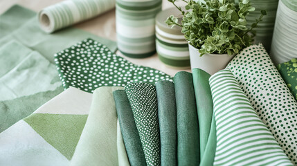 A close-up view of green fabric samples in various patterns, including polka dots, stripes, and geometric designs. The rich textures and deep hues create a visually appealing display, perfect for text
