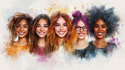 Five women, each with unique cultural features and hairstyles