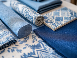 A beautifully arranged selection of blue fabric samples and tiles, featuring intricate patterns and woven textures. The mix of deep navy and soft pastel blues creates a sophisticated and elegant desig