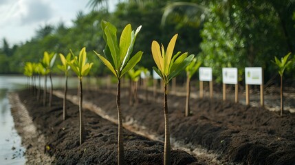 Young Mangrove Plants in Conservation Area with Labels for Environmental Protection Efforts