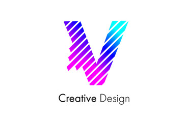 Letter V Logo made of Lines in purple and blue colors. V lines letter logo icon