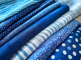 A vibrant selection of blue fabric rolls with diverse patterns, including stripes, polka dots, and abstract designs. The deep indigo and lighter shades create a visually appealing collection, perfect 