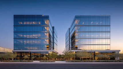 Elegant side view of twin office buildings, high-tech glass facades shimmering under golden hour light