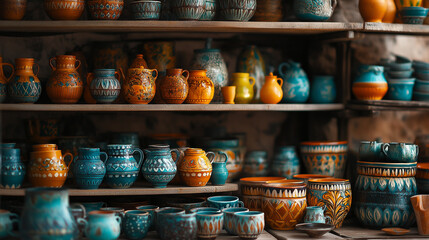 A vibrant collection of handcrafted pottery displayed on rustic wooden shelves. The intricate patterns in rich turquoise and warm ochre hues highlight traditional craftsmanship, evoking a sense of cul