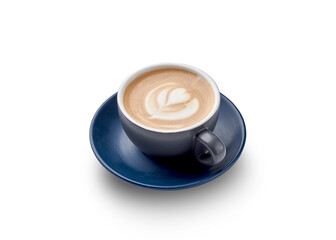 A cup of creamy cappuccino with latte art, served on a blue saucer.