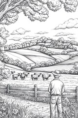 Obraz premium Rural scene, farmer observing sheep, rolling hills, idyllic countryside