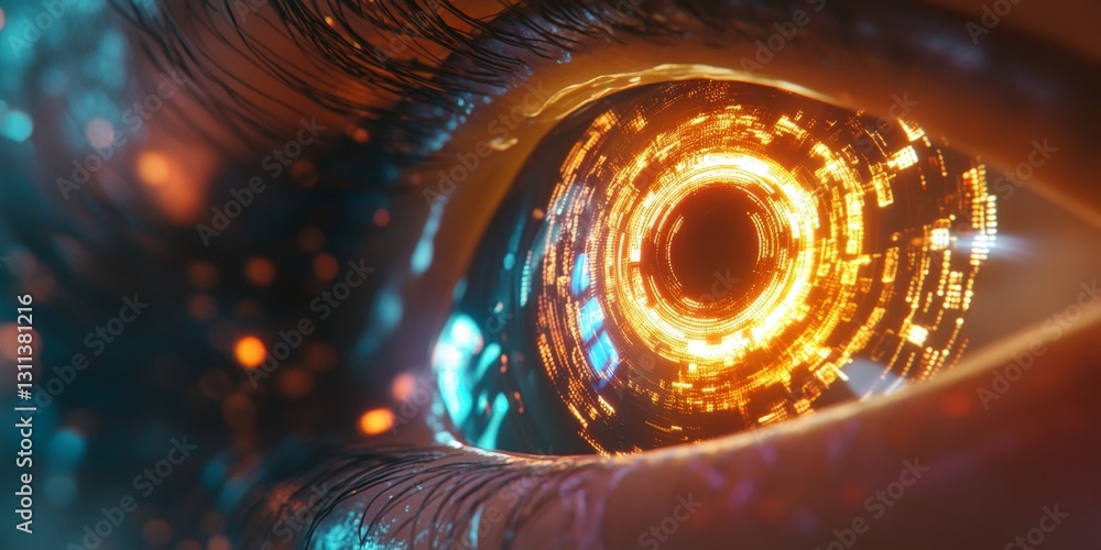 Poster Close-Up of an Eye with Futuristic Circular Patterns and Illuminated Colors in a Digital Realm