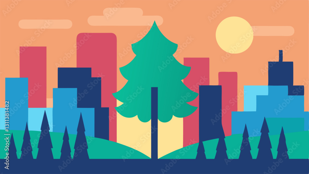 Poster urban dreamscape an illustrated tree with large round leaves stands proudly in a forest scene. the s