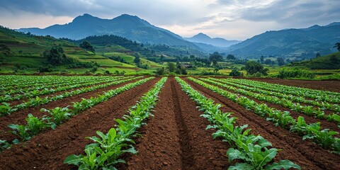 Ecological impact climate recovery concept. Lush green fields with mountains in the background under a cloudy sky.