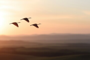 Obraz premium Silhouettes of birds gliding against vibrant sunset, evoking ser