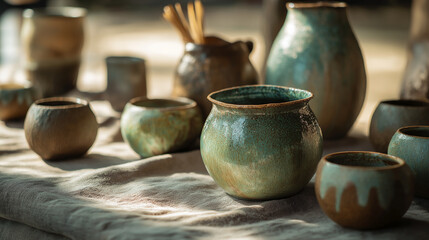 A collection of handcrafted ceramic vessels with rich turquoise and earthy brown glazes, displayed on a textured linen cloth. Sunlight casts warm shadows, highlighting the organic shapes and artisanal