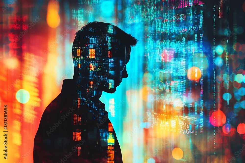 Poster silhouette of a person with abstract digital data background