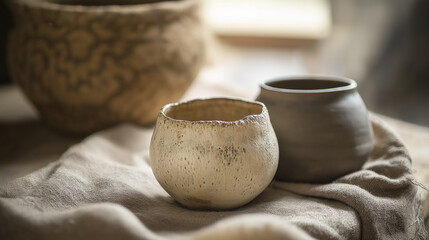 Two handcrafted ceramic pots with organic, uneven textures rest on a soft linen cloth. The earthy tones and natural imperfections evoke a rustic, artisanal charm, creating a warm and timeless aestheti