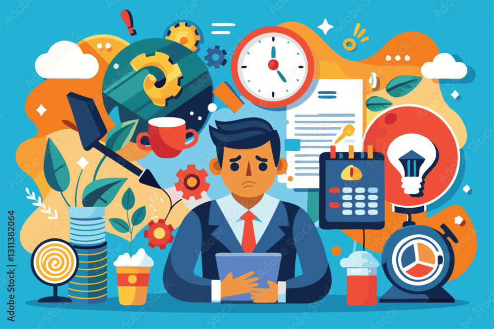 Poster a person looks concerned while managing tasks at a disorganized desk filled with various items, poor