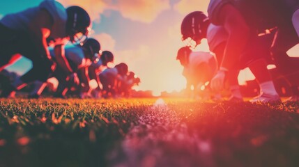 Football players lining up at the scrimmage line, intense expressions and vibrant field setting under natural light