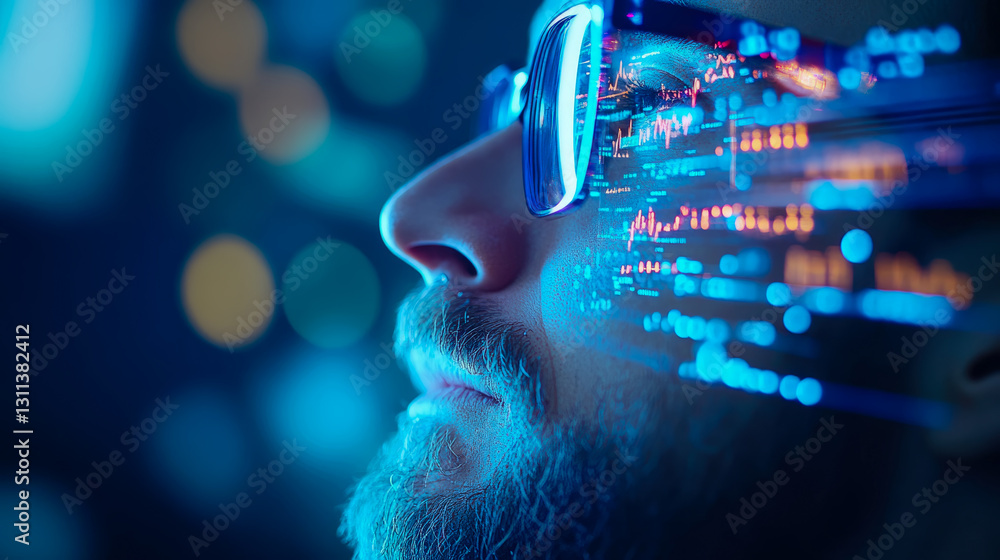 Poster data stream: man with augmented reality glasses displaying financial information