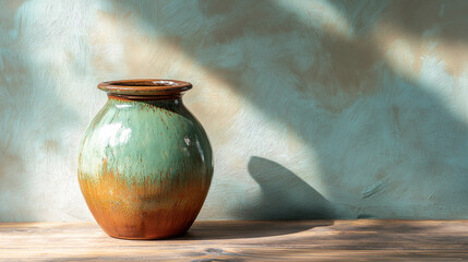 A beautifully glazed ceramic vase with earthy tones of turquoise and brown, placed against a textured, sunlit wall. The interplay of light and shadow enhances the organic feel, evoking a sense of rust