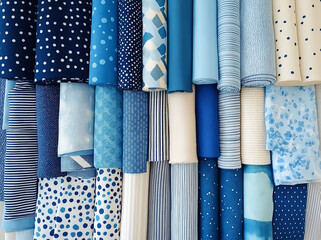 A diverse collection of blue and white fabric rolls in various patterns, including polka dots, stripes, and abstract designs. The mix of deep navy, sky blue, and cream tones creates a fresh and elegan