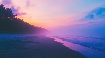 Fototapeta premium Scenic view of a long, empty stretch of sandy beach under a soft cloudy sky, peaceful and inviting, serene and natural