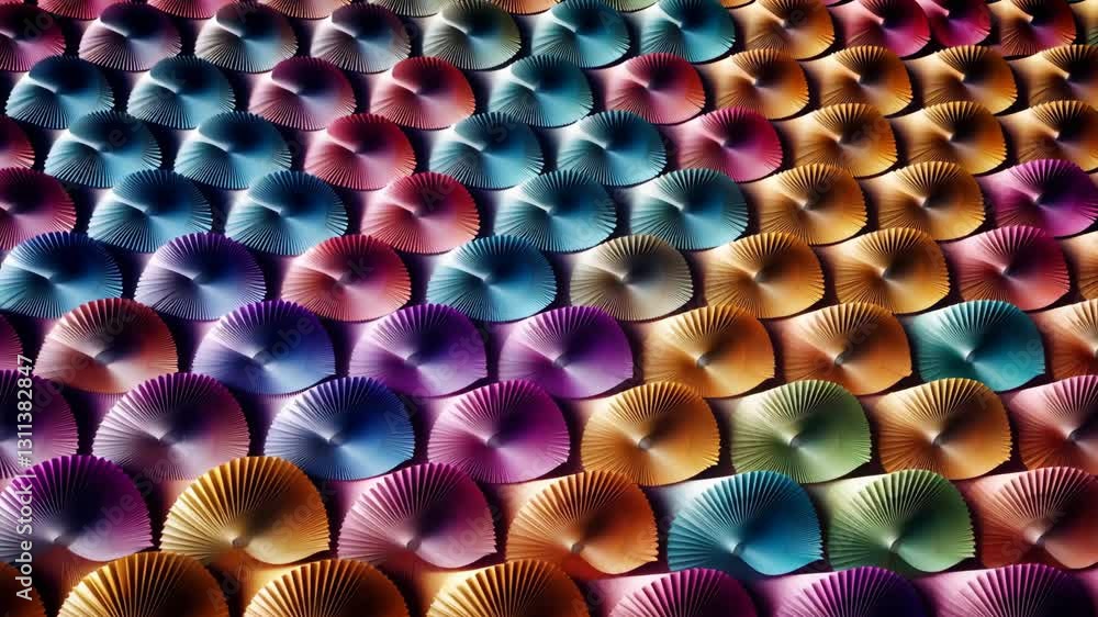 Poster A close up of a colorful array of flower shaped objects. The objects are in various colors and sizes