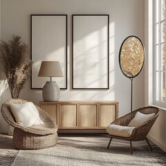 Modern interior with a black metal frame poster stand featuring three vertical panels on the wall, a cabinet nearby, and an armchair in front of them. The design showcases minimalism in a Scandinavian
