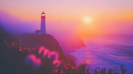 Scenic view of a lighthouse standing on a rocky promontory, illuminated by soft golden light at sunrise, peaceful and inviting